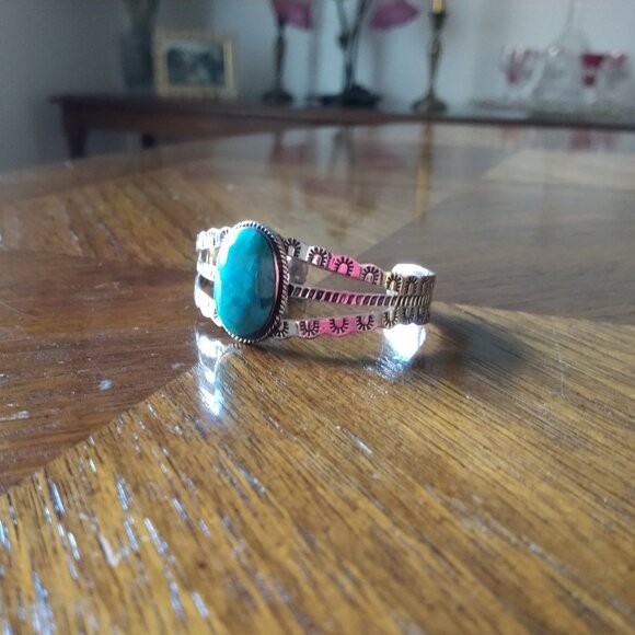 New Native American 925 Sterling Silver Turquoise Cuff Adjustable - Picture 6 of 7